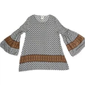Spade & Heart Boho Bell Sleeve Pullover Print Tunic Blouse Blue Brown Size L
